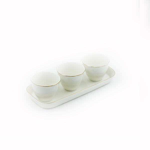 SC3861 3-Piece Bowl Set with Tray & Gold Line – Elegant White Porcelain with Gold Rim Design