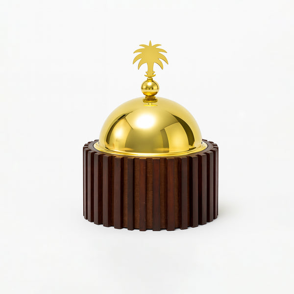 MAC275BG Bowl With Lid – Gold – 18 × 25 cm – Premium Arabic Serving Bowl with Wooden Base