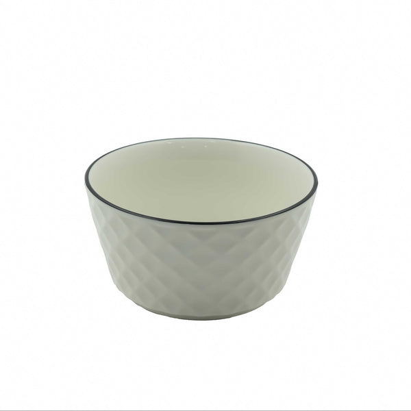 99577-12 – Ceramic Bowl 15.2 cm – White with Diamond Embossed Texture and Black Rim