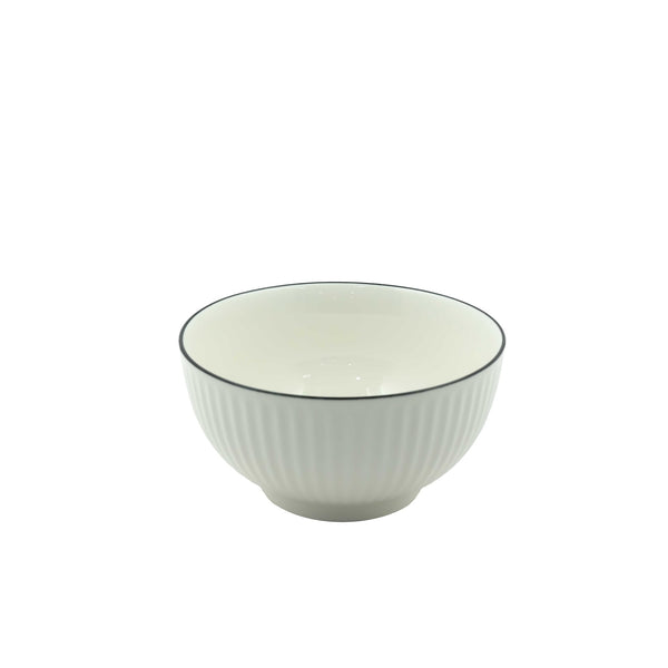 99577-19 – Ceramic Bowl 12.7 cm – White with Vertical Fluted Texture and Black Rim