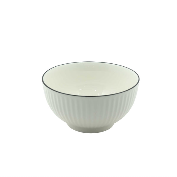 99577-16 – Ceramic Bowl 20.3 cm – White with Vertical Fluted Texture and Black Rim