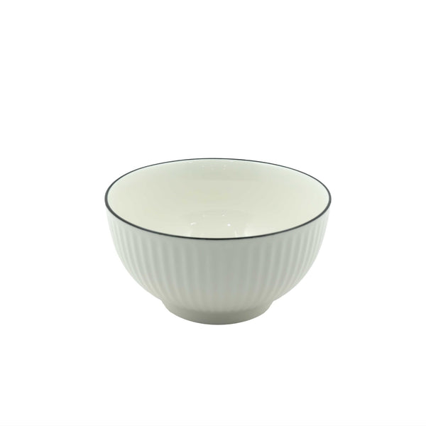 99577-17 – Ceramic Bowl 15.2 cm – White with Vertical Fluted Texture and Black Rim