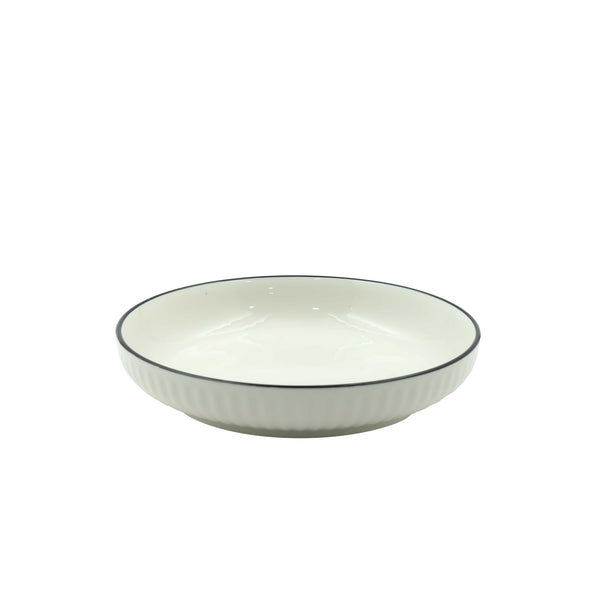 99577-15 – Ceramic Plate 17.8 cm – White with Vertical Fluted Rim and Black Edge
