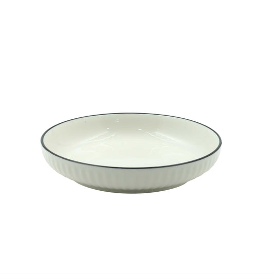 99577-14 – Ceramic Plate 20.3 cm – White with Vertical Fluted Rim and Black Edge