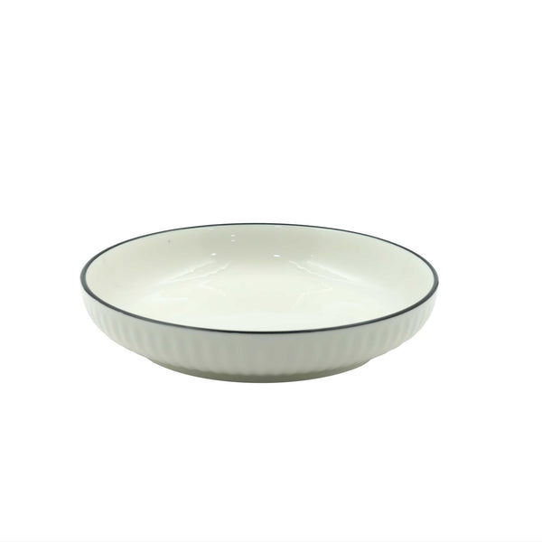 99577-14 – Ceramic Plate 20.3 cm – White with Vertical Fluted Rim and Black Edge