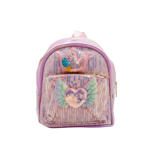 12063-5 Kids Backpack – Pink Sequin Crown & Winged Heart Design