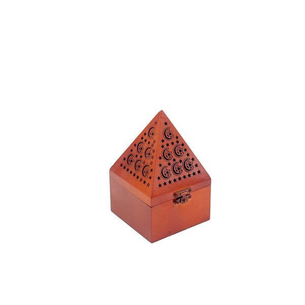 NF-35839-P Incense Burner – 15cm (H) – Wooden Pyramid Bakhoor Holder with Brass Insert and Crescent Moon Design