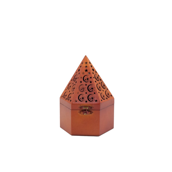 NF-35841-P Incense Burner – 14cm (H) – Wooden Pyramid Bakhoor Holder with Crescent Moon & Star Design