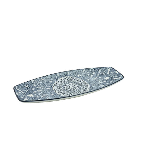 D03-022 – Ceramic Boat-Shaped Dish Plate 35.5 cm – Blue Arabesque Pattern