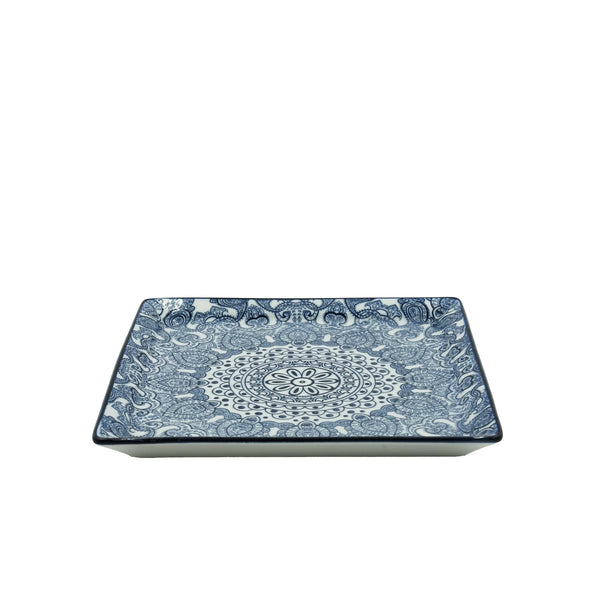 D03-090 – Ceramic Square Plate 18 x 18 cm – Blue Arabesque Pattern