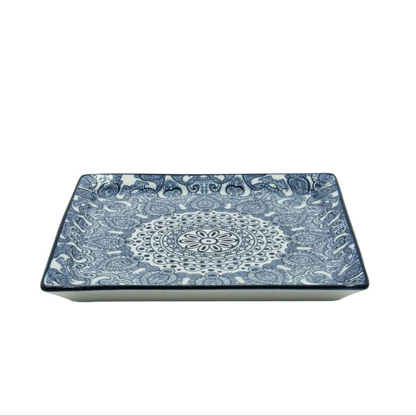 D03-092 – Ceramic Square Plate 26 x 26 cm – Blue Arabesque Pattern