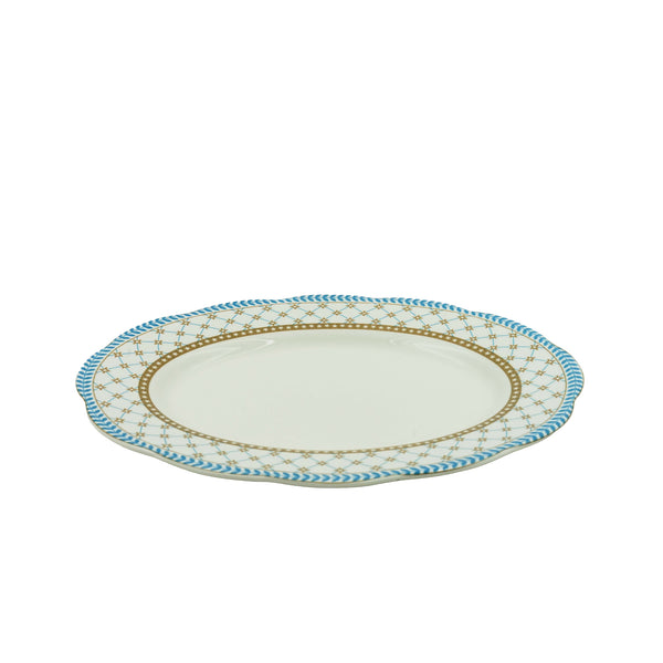 SH73470 – Ceramic Oval Platter 36 cm – White with Teal & Beige Star Pattern