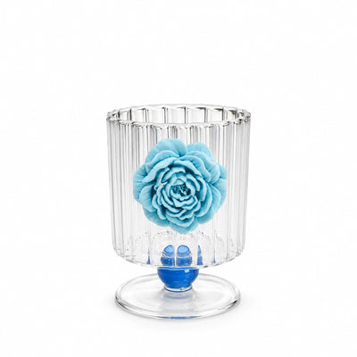 GH1052 Floral Glass Cup – Clear Ribbed Glass Pedestal Cup with Decorative Blue Flower Design