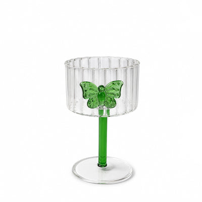 GH1050 Glass Cup – Clear Ribbed Glass Pedestal Cup with Decorative Green Butterfly Design
