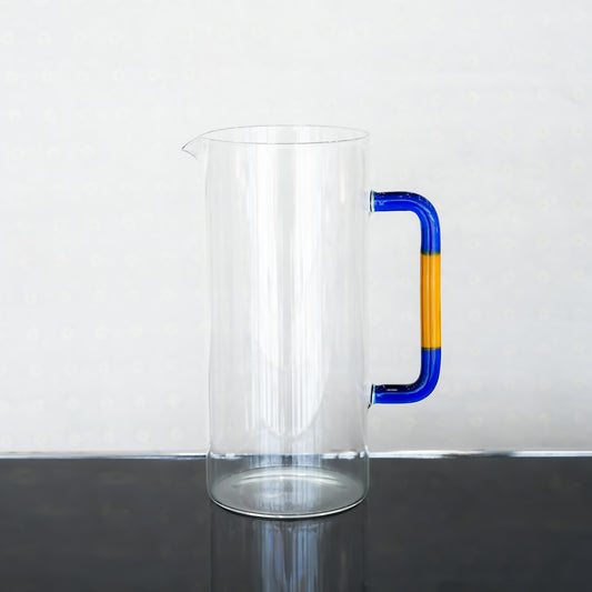 007-17 Glass Water Jug – Elegant Clear Glass with Blue and Amber Handle Design