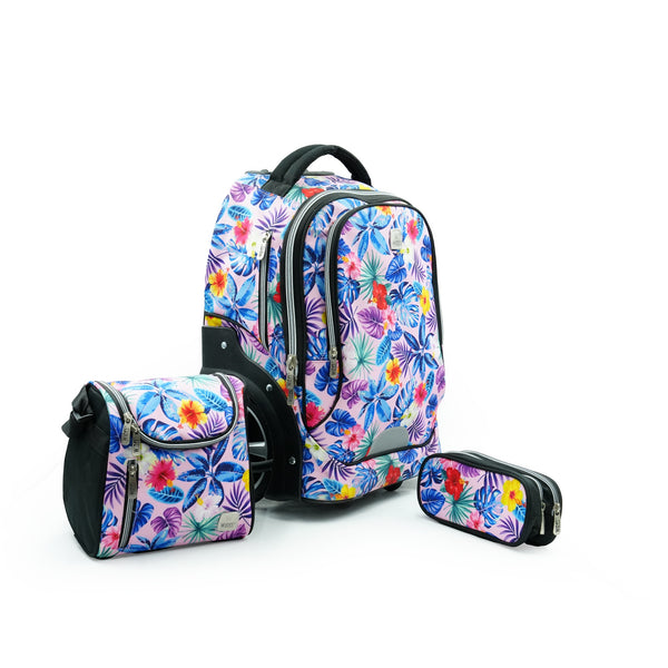 3-Piece Trolley Backpack Set – 19-Inch Floral Design with Big Wheels, Lunch Bag & Pencil Case – Wires W24363