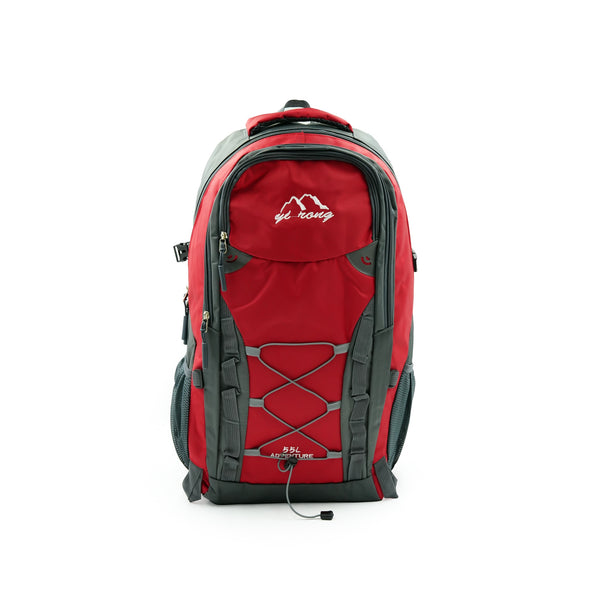 Backpack – 55L Large-Capacity Outdoor, Travel & Hiking Bag with Front Bungee Cord – Red/Grey – DS0181