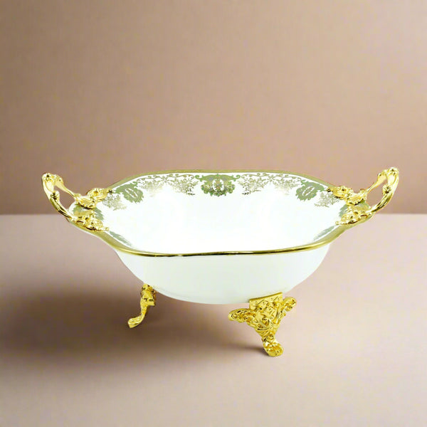 Serving Tray – 26cm Diameter – Elegant White Porcelain Bowl with Ornate Gold Handles and Stand – Luxurious Tableware Display – AB-84