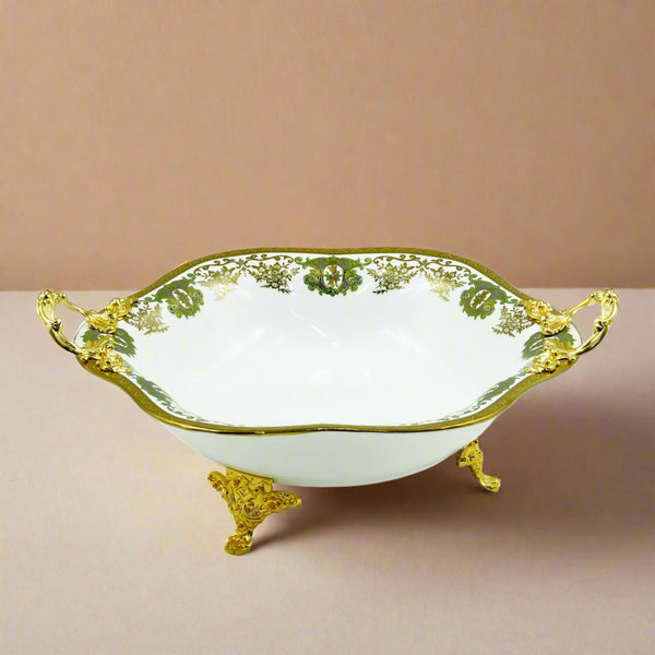 Serving Tray – 31cm Diameter – Elegant White Porcelain Bowl with Ornate Gold Handles and Stand – Luxurious Tableware Display – AB-83