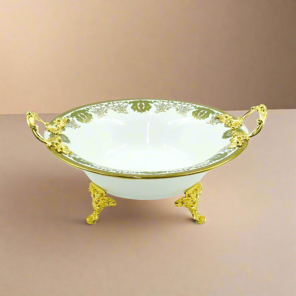 Serving Tray – 26cm Diameter – Elegant White Porcelain Bowl with Ornate Gold Handles and Stand – Luxurious Tableware Display – AB-88
