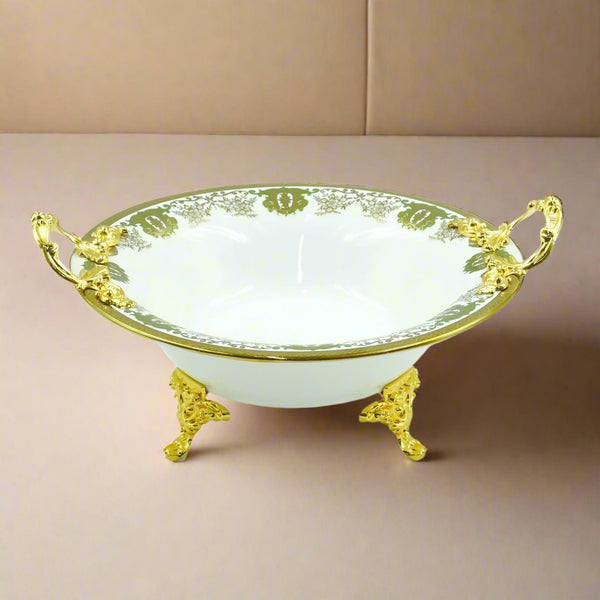 Serving Tray – 31cm Diameter – Elegant White Porcelain Bowl with Ornate Gold Handles and Stand – Luxurious Tableware Display – AB-87