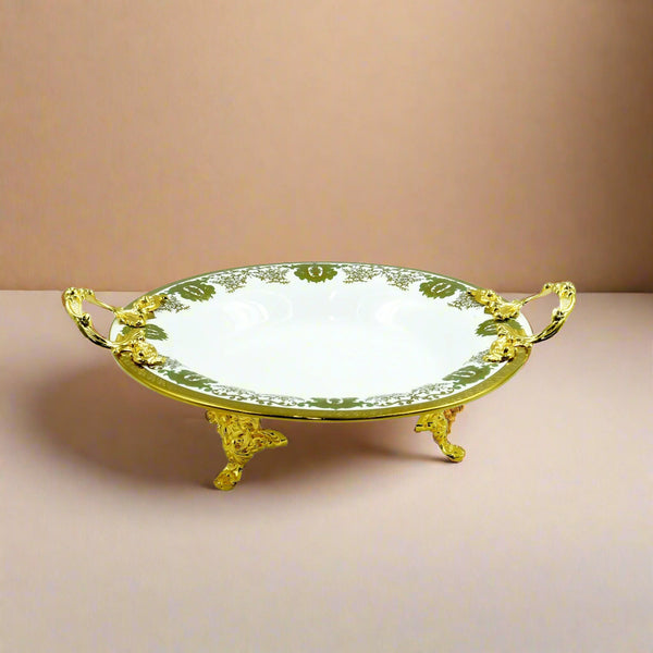 Serving Tray – 26cm Diameter – Elegant White Porcelain Bowl with Ornate Gold Handles and Stand – Luxurious Tableware Display – AB-86