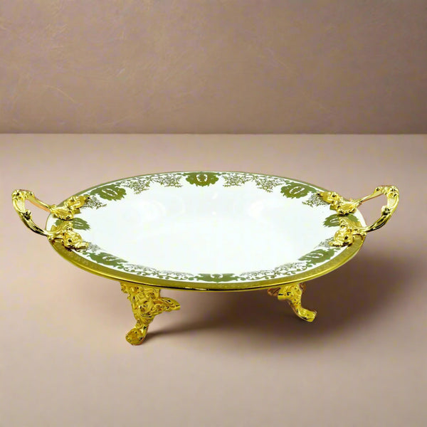 Serving Tray – 31cm Diameter – Elegant White Porcelain Bowl with Ornate Gold Handles and Stand – Luxurious Tableware Display – AB-85