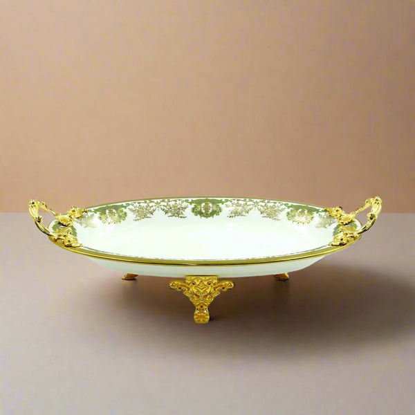 Serving Tray – 42cm Length – Elegant White Porcelain Bowl with Ornate Gold Handles and Stand – Luxurious Tableware Display – AB-89