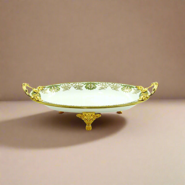 Serving Tray – 37cm Length – Elegant White Porcelain Bowl with Ornate Gold Handles and Stand – Luxurious Tableware Display – AB-90