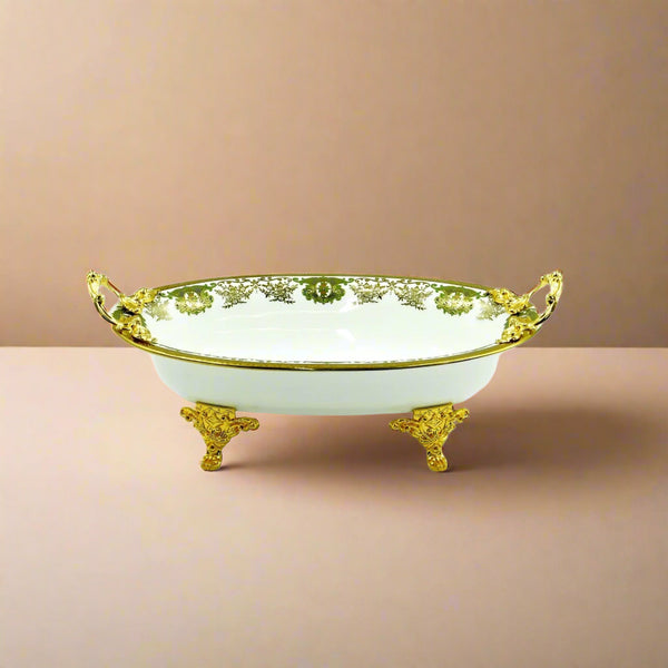 Serving Tray – 36cm Length – Elegant White Porcelain Bowl with Ornate Gold Handles and Stand – Luxurious Tableware Display – AB-92