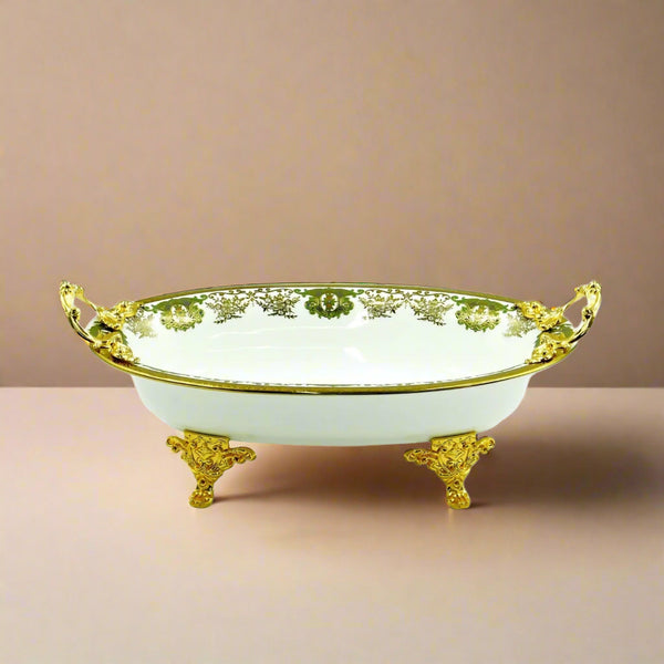 Serving Tray – 42cm Length – Elegant White Porcelain Bowl with Ornate Gold Handles and Stand – Luxurious Tableware Display – AB-91