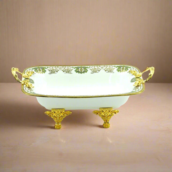 Serving Tray – 31cm (W) × 22cm (L) – Elegant White Porcelain Bowl with Ornate Gold Handles and Stand – Luxurious Tableware Display – AB-96