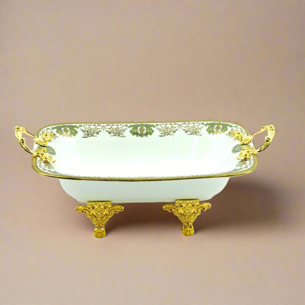 Serving Tray – 36cm (W) × 26cm (L) – Elegant White Porcelain Bowl with Ornate Gold Handles and Stand – Luxurious Tableware Display – AB-95