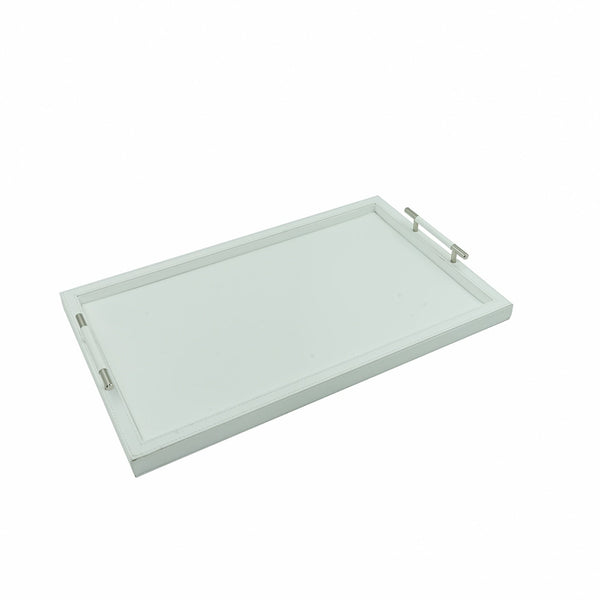 Leather Rectangle Tray with Handle – White Finish – 60cm (L) × 40cm (W) – Elegant Decorative Serving Tray