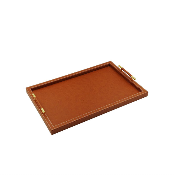 Leather Rectangle Tray with Handle – Brown Finish – 60cm (L) × 40cm (W) – Elegant Decorative Serving Tray