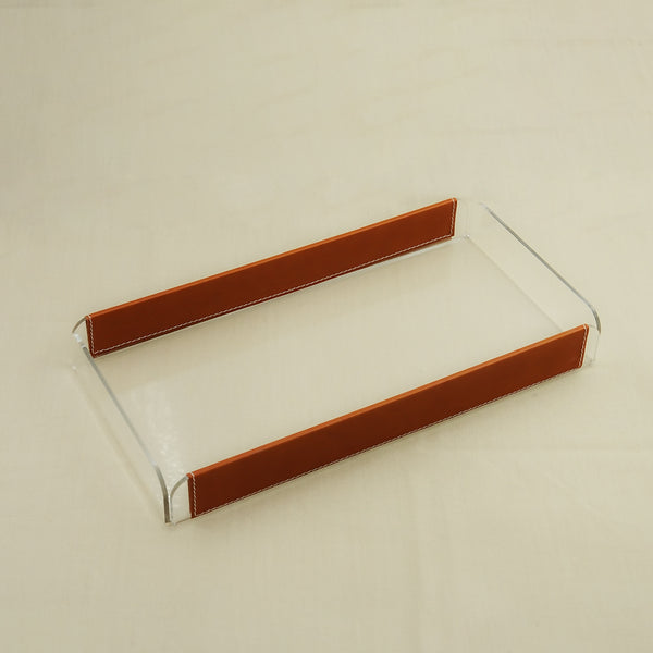Acrylic Tray with Leather – Brown Finish – 40cm (L) × 20cm (W) – Elegant Rectangular Serving Tray