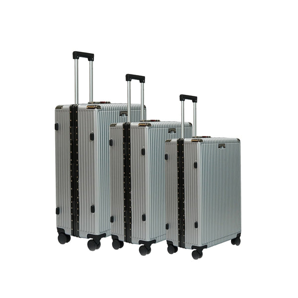 Aluminum Trolley Luggage Set – 3-Piece Hard Shell Suitcases in Silver – 360° Spinner Wheels, TSA Lock, Cup Holder – Sizes 20", 24", 28" – 3019