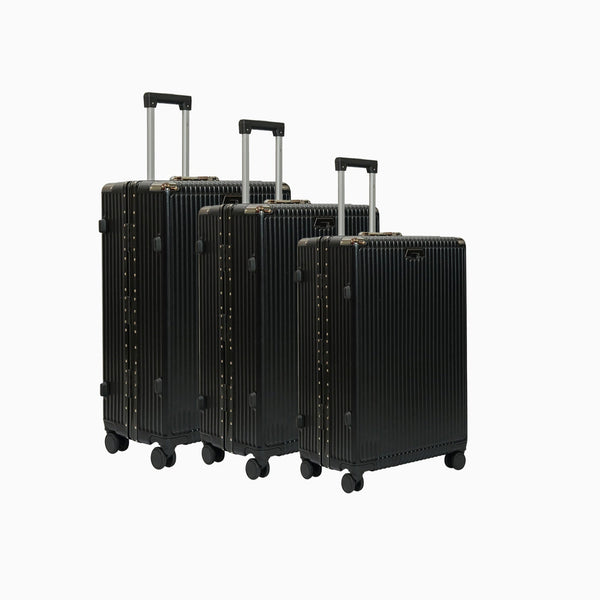 Aluminum Trolley Luggage Set – 3-Piece Hard Shell Suitcases in Black – 360° Spinner Wheels, TSA Lock, Cup Holder – Sizes 20", 24", 28" – 3019