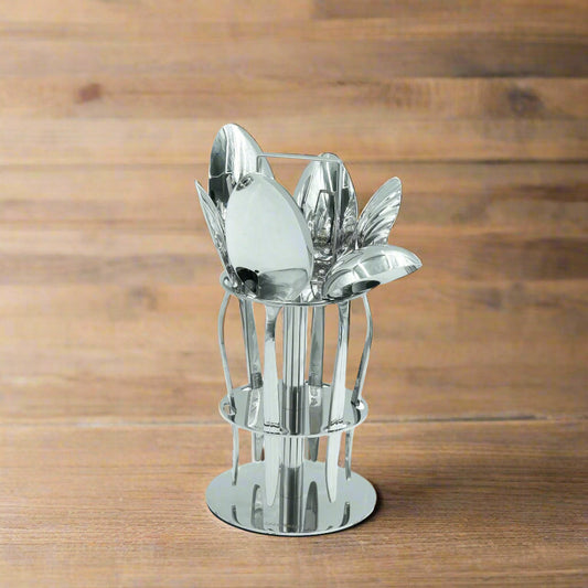 KK-148 Stainless 6-Piece Cutlery Set with Stand - Silver, Serving Spoons