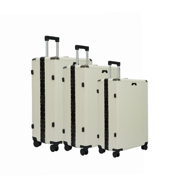 Aluminum Trolley Luggage Set – 3-Piece Hard Shell Suitcases in White – 360° Spinner Wheels, TSA Lock, Cup Holder – Sizes 20", 24", 28" – 3019