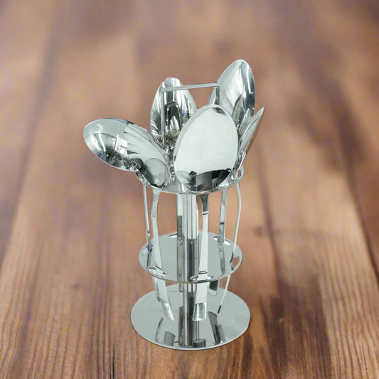 KK-100 Stainless 6-Piece Cutlery Set with Stand - Silver, Serving Spoons