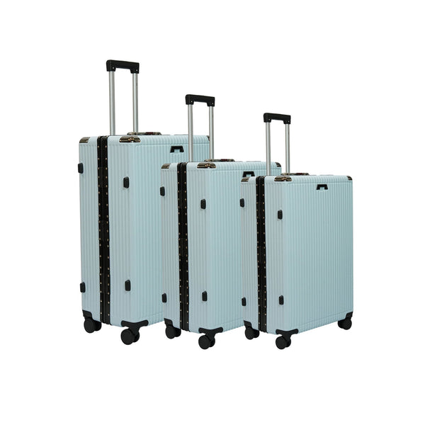 Aluminum Trolley Luggage Set – 3-Piece Hard Shell Suitcases in Light Blue – 360° Spinner Wheels, TSA Lock, Cup Holder – Sizes 20", 24", 28" – 3019