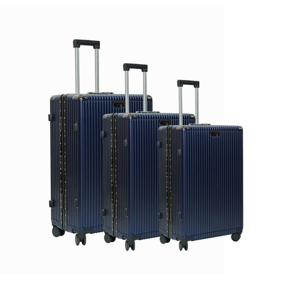 Aluminum Trolley Luggage Set – 3-Piece Hard Shell Suitcases in Navy – 360° Spinner Wheels, TSA Lock, Cup Holder – Sizes 20", 24", 28" – 3019