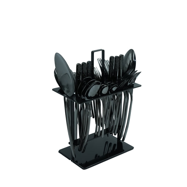NN-173 Stainless Steel 38-Piece Cutlery Set with Stand - Black, 18 Spoons, 12 Fork, 6 Knives & 2 Serving Spoons