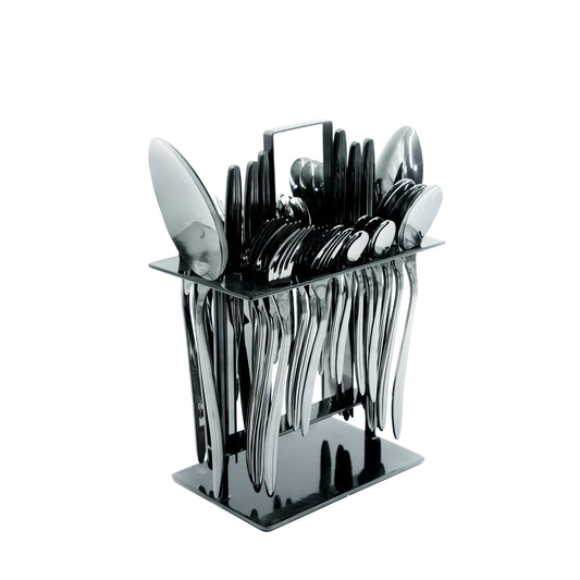NN-172 Stainless Steel 38-Piece Cutlery Set with Stand - Black, 18 Spoons, 12 Fork, 6 Knives & 2 Serving Spoons