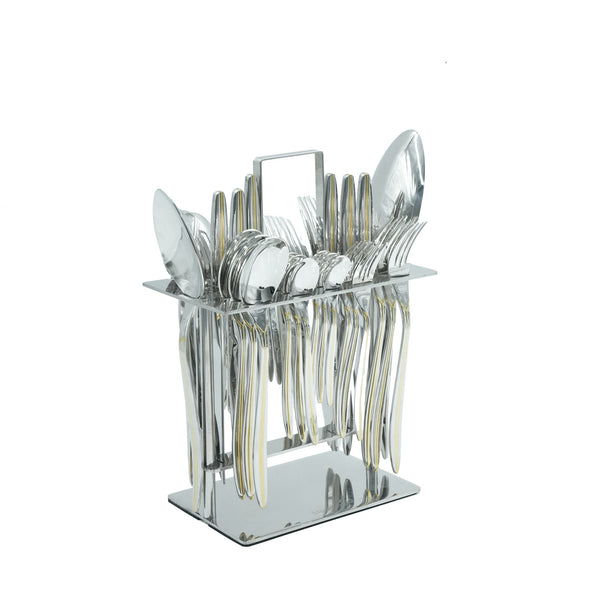 Nn-149 Stainless Steel 38-Piece Cutlery Set with Stand - Silver and Gold, 18 Spoons, 12 Fork, 6 Knives & 2 Serving Spoons