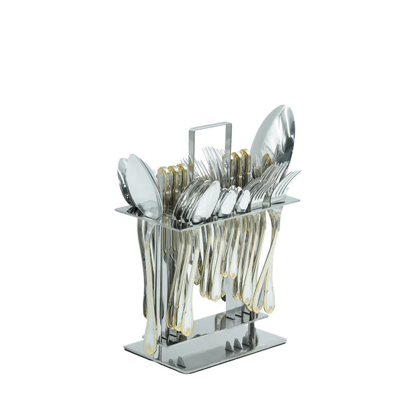 NN-166 Stainless Steel 38-Piece Cutlery Set with Stand - Silver and Gold, 18 Spoons, 12 Fork, 6 Knives & 2 Serving Spoons