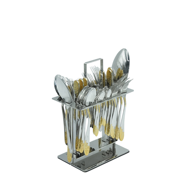 NN-039 Stainless Steel 38-Piece Cutlery Set with Stand - Silver and Gold, 18 Spoons, 12 Fork, 6 Knives & 2 Serving Spoons