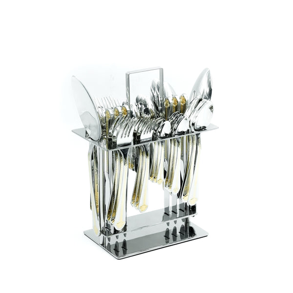 Nn-055 Stainless Steel 38-Piece Cutlery Set with Stand - Silver and Gold, 18 Spoons, 12 Fork, 6 Knives & 2 Serving Spoons