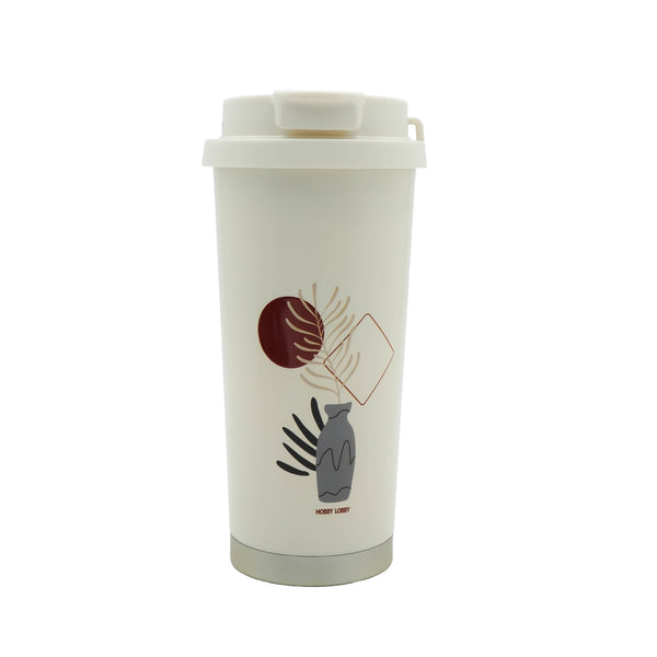 2886 – Coffee Mug – 500ml White Steel with Minimalist Art Print & Flip Lid